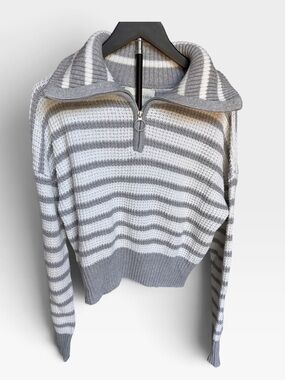 Sage + Stone Striped Quarter Zip Knit Sweater Size XL Gray White Coastal Cozy